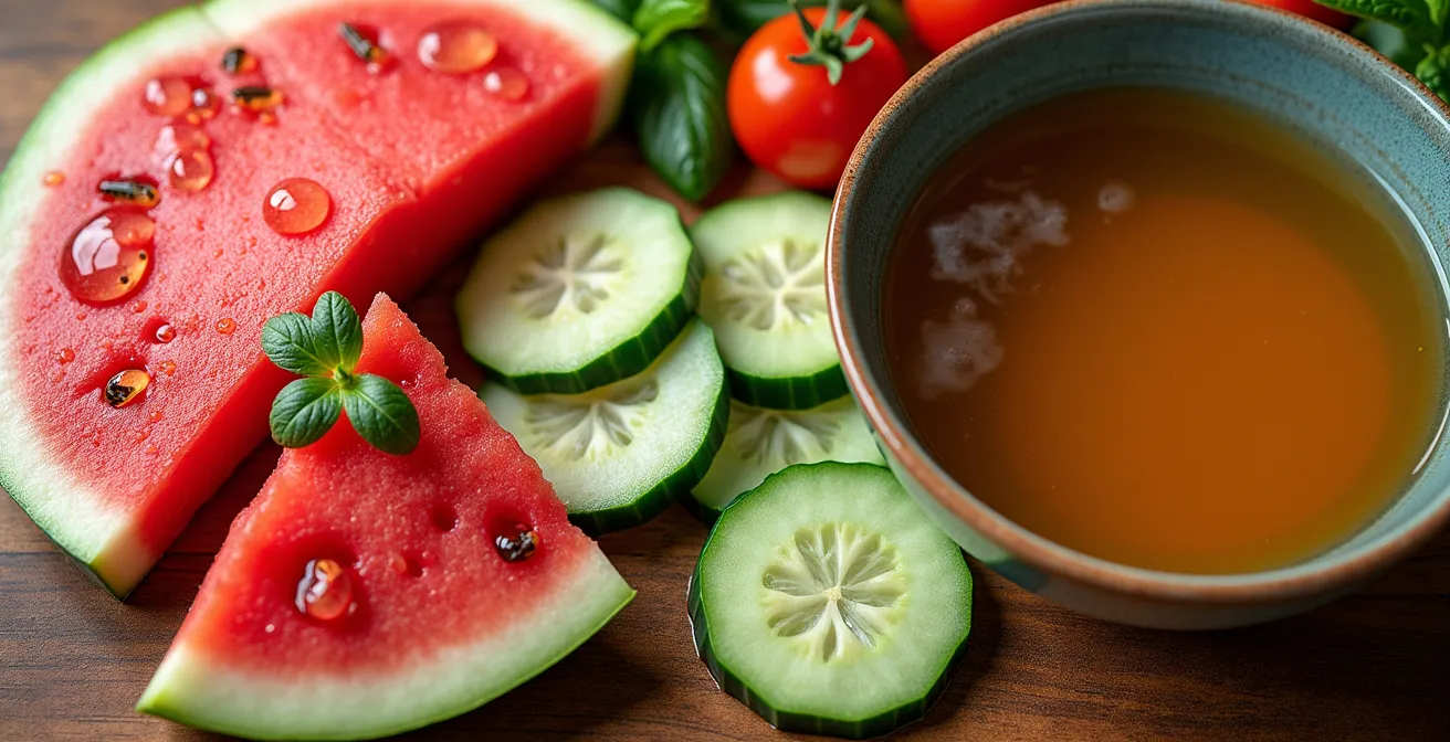 Table garnie d'aliments riches en eau colorés avec pastèque, concombre et bouillon