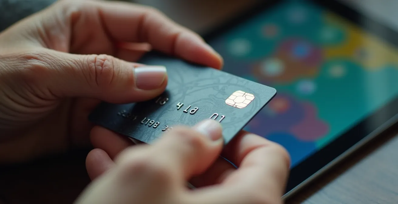 Personne vérifiant ses coordonnées bancaires sur tablette avec carte bancaire posée à côté