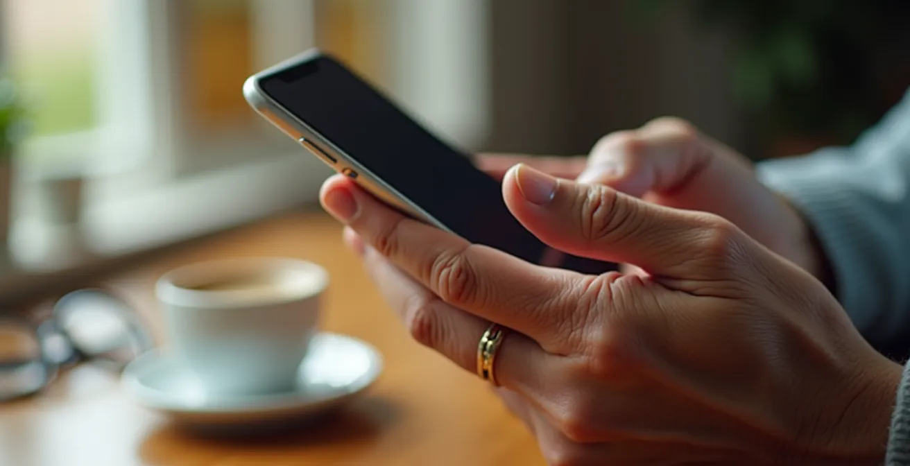 Mains de senior paramétrant un virement automatique sur une application bancaire
