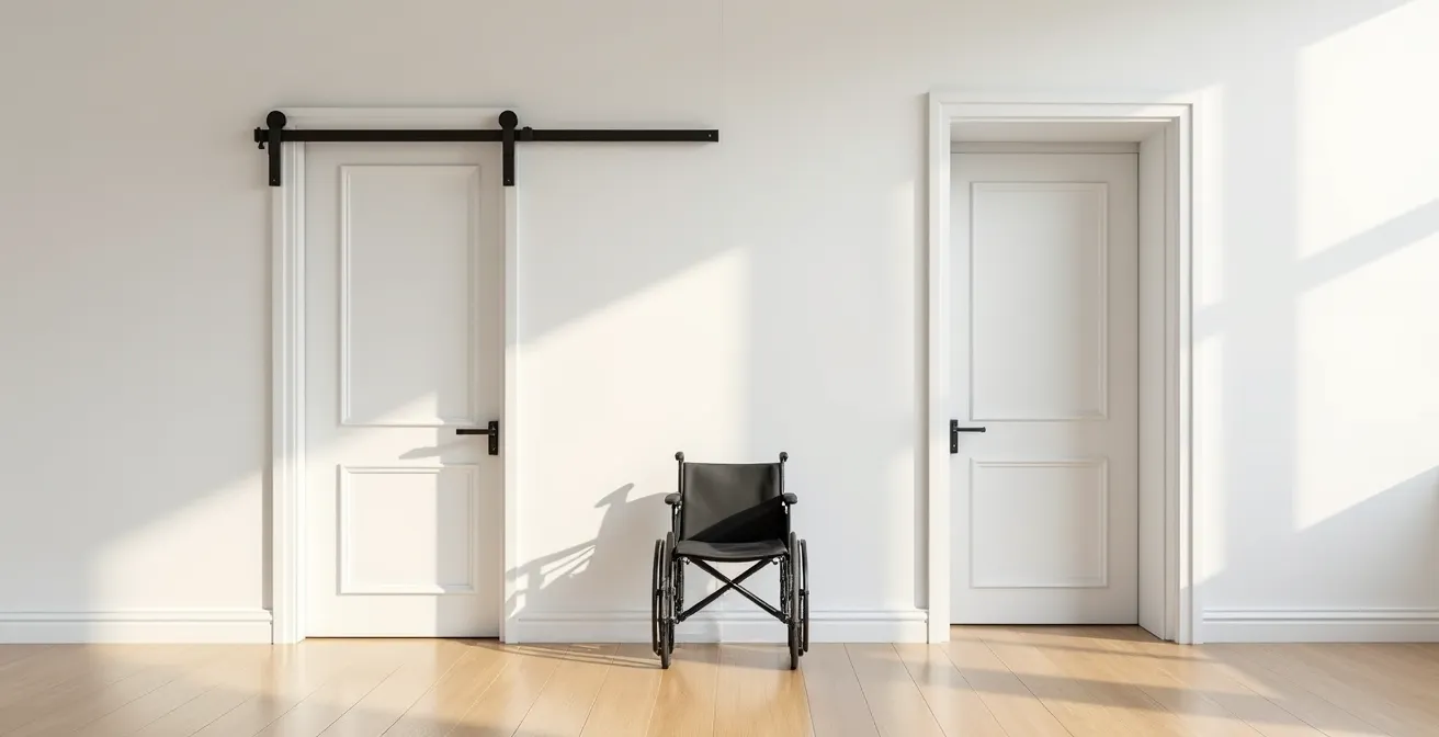 Vue comparative de deux intérieurs montrant une porte coulissante et une porte à galandage avec un fauteuil roulant