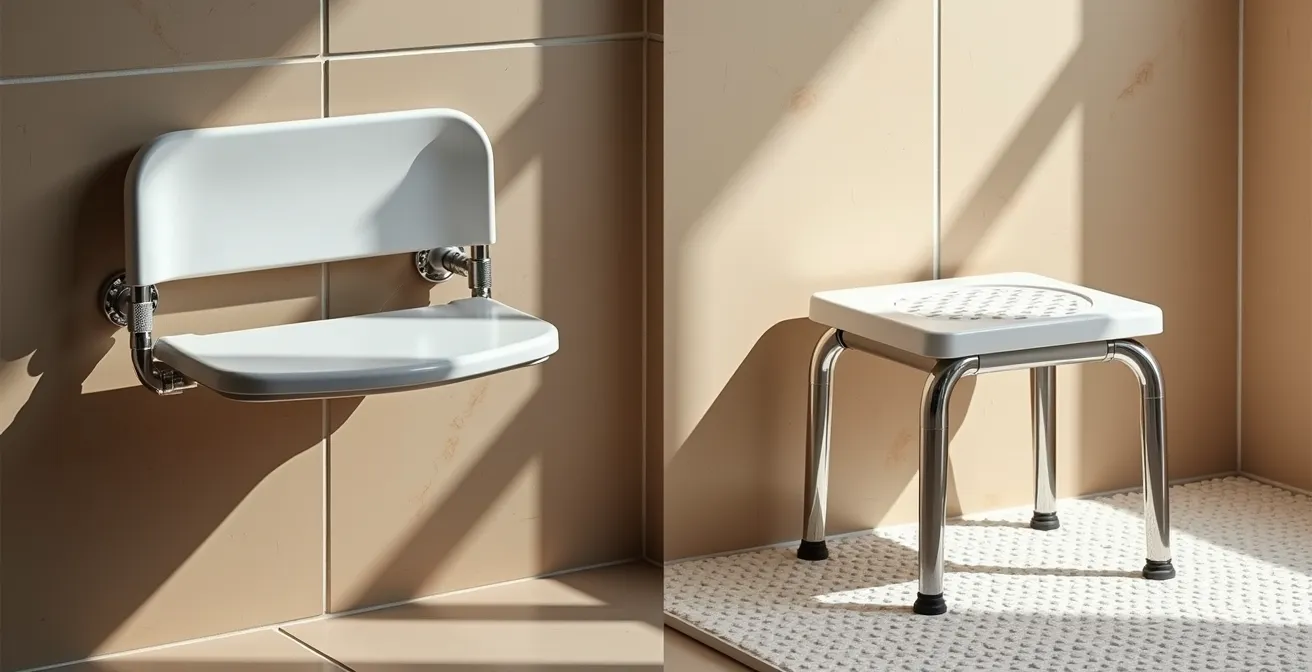Comparaison visuelle entre siège de douche mural rabattable et tabouret mobile dans une douche italienne