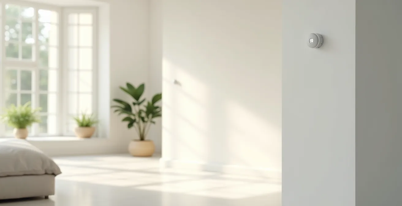 Intérieur de maison moderne avec détecteurs de mouvement discrets installés dans les coins