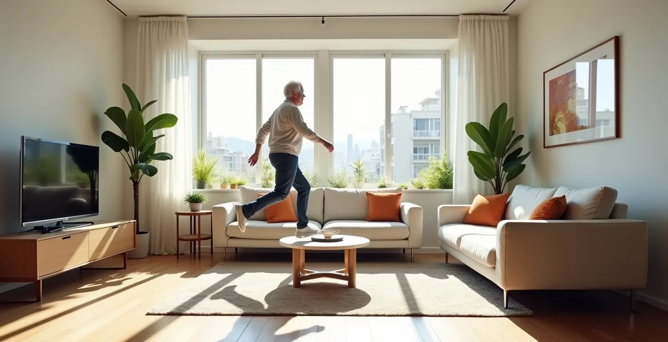 Vue latérale d'un salon moderne avec canapé surélevé et personne âgée se levant facilement