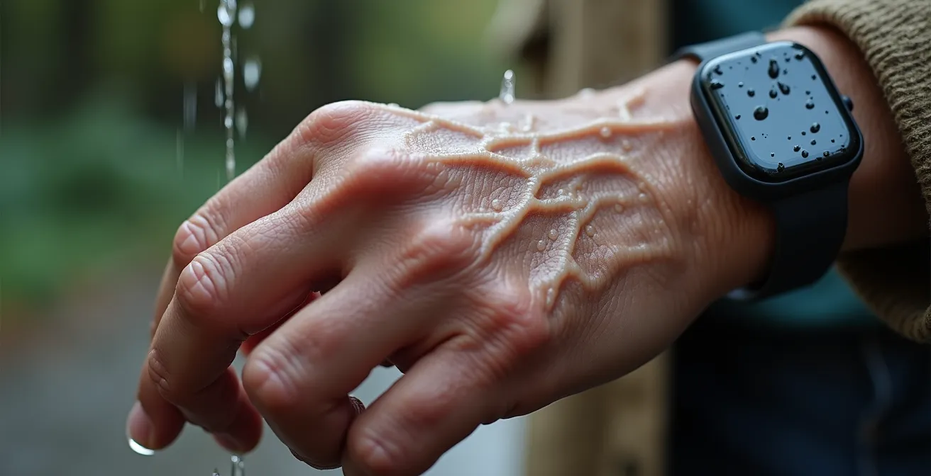 Gros plan sur la main d'une personne âgée portant un bracelet de téléassistance étanche sous l'eau