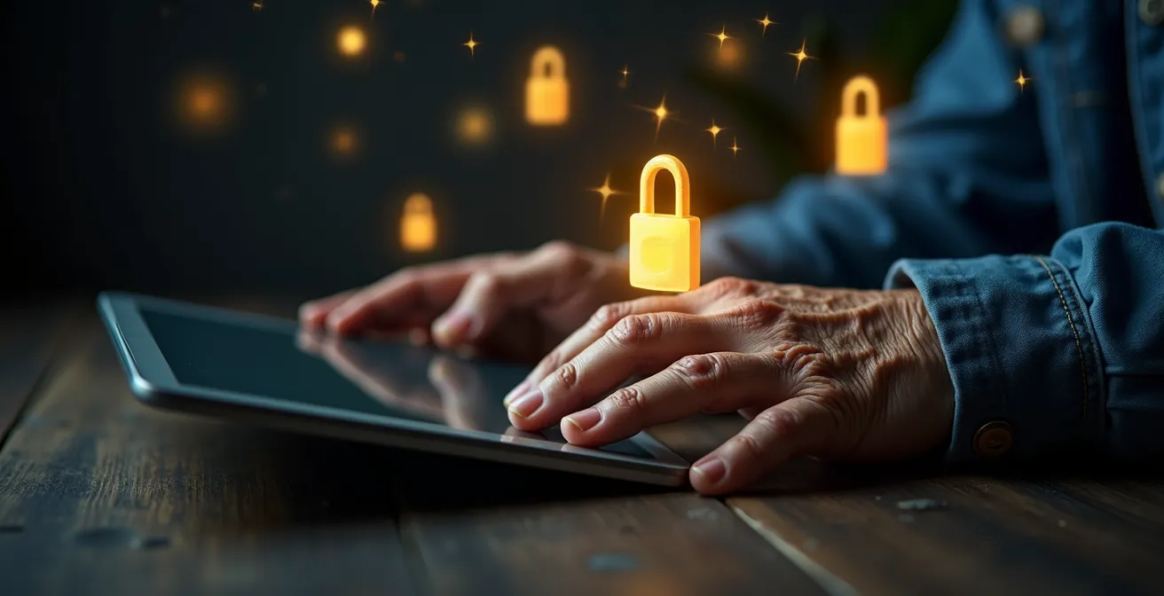 Main de personne âgée touchant une tablette avec symboles de sécurité visibles
