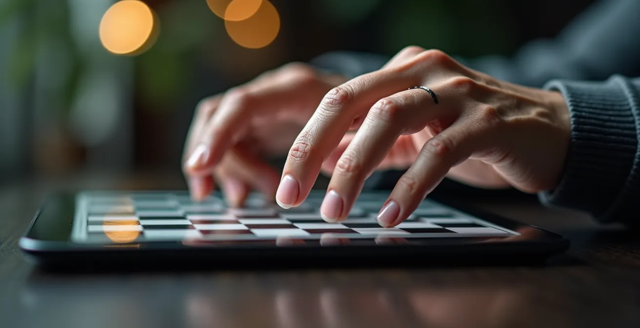 Mains de senior concentré jouant aux échecs sur tablette