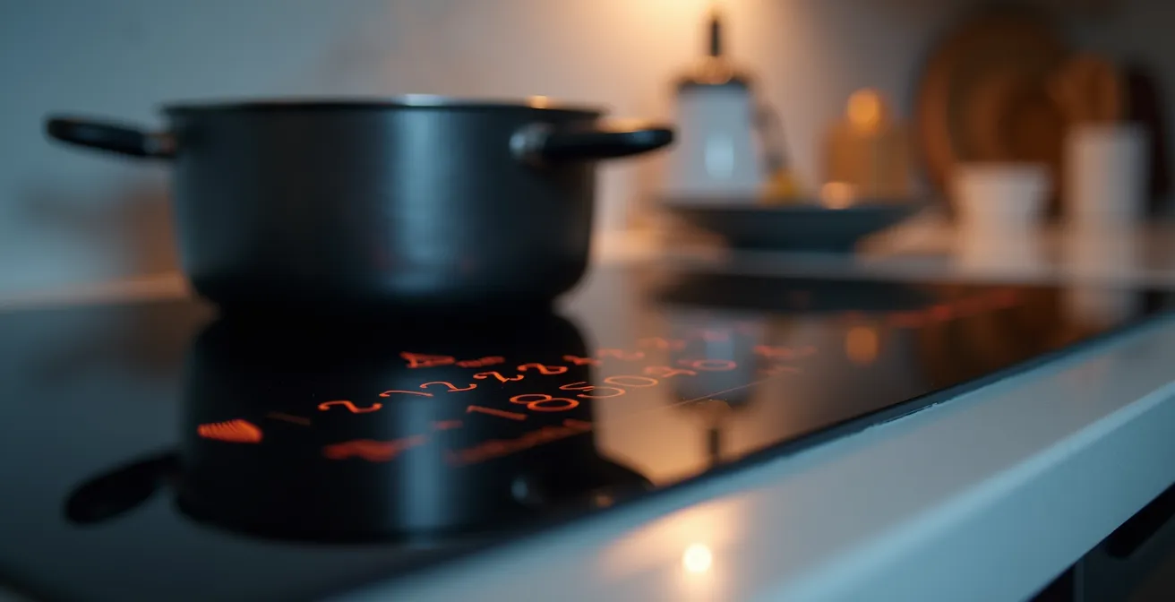 Gros plan sur une plaque à induction avec commandes tactiles lisibles et indicateurs de chaleur résiduelle