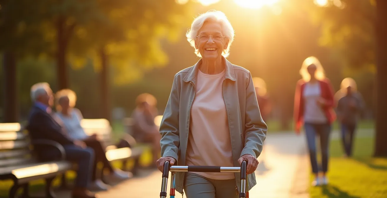 Personne âgée souriante utilisant un rollator moderne au design épuré dans un parc ensoleillé