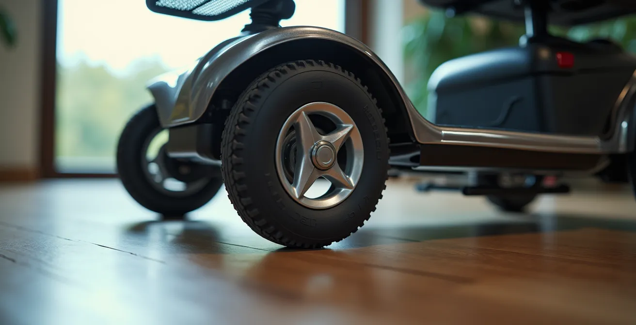 Scooter médical à trois roues manœuvrant facilement dans un couloir de maison