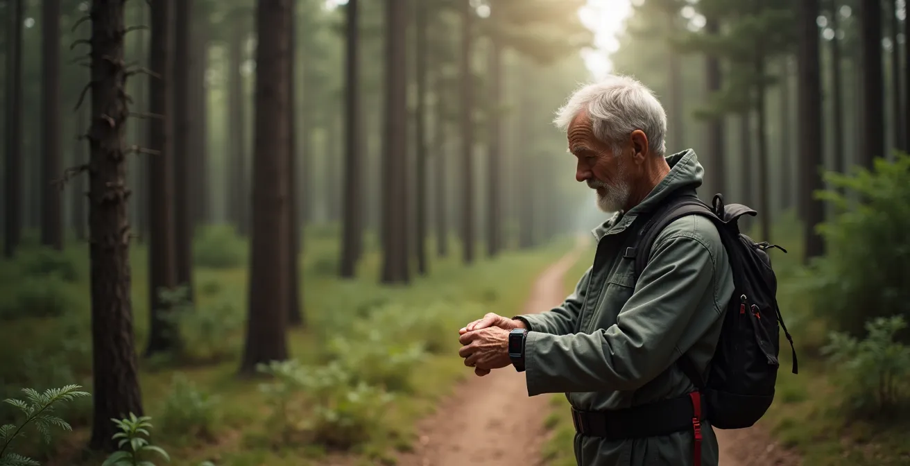 Randonneur senior consultant sa montre GPS en forêt