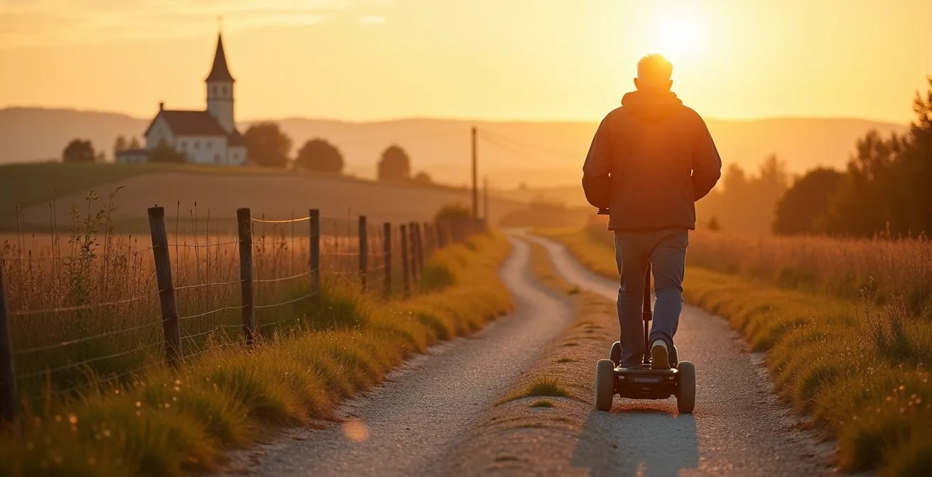 Personne âgée circulant en scooter PMR sur un chemin de campagne aménagé, symbole d'autonomie retrouvée en milieu rural.