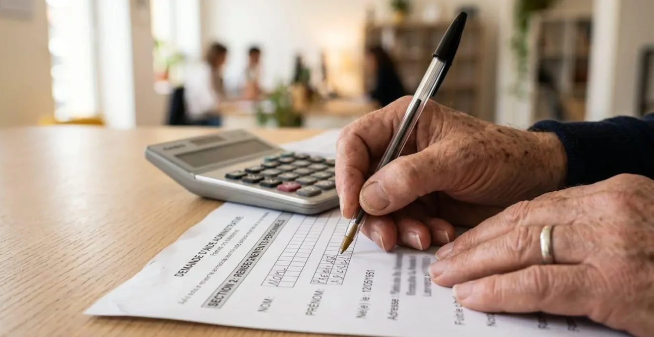 Gros plan sur les mains ridées d'une personne âgée remplissant un formulaire administratif avec un stylo, une calculatrice posée à proximité sur un bureau propre