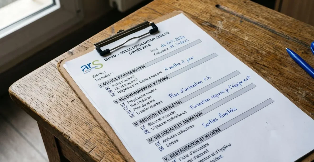 Gros plan sur une checklist d'évaluation EHPAD imprimée sur un clipboard, avec cases cochées et notes manuscrites Gros plan sur une checklist d'évaluation EHPAD imprimée sur un clipboard, avec cases cochées et notes manuscrites