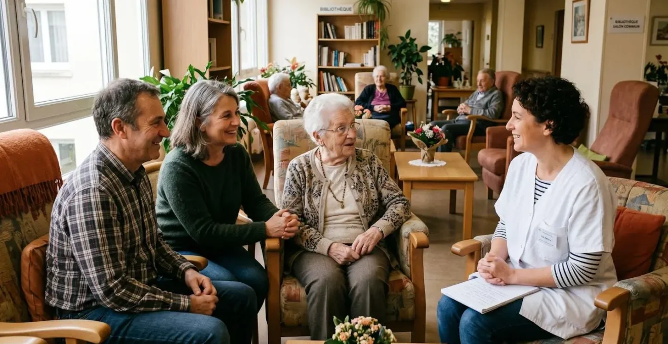 Famille accompagnant un senior lors d'une visite d'EHPAD, échangeant avec une soignante dans un salon lumineux