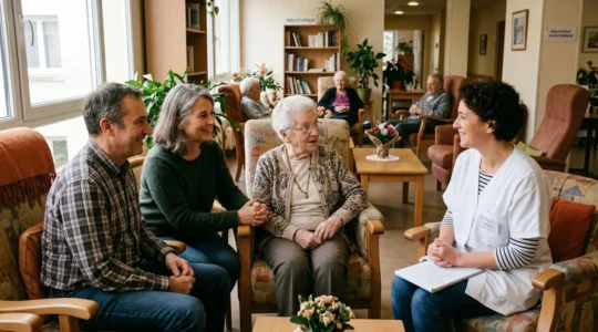 Famille accompagnant un senior lors d'une visite d'EHPAD, échangeant avec une soignante dans un salon lumineux