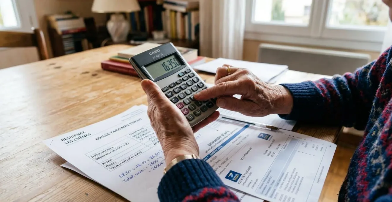 Gros plan sur des mains de senior calculant un budget EHPAD avec calculatrice, factures et documents d'aide sociale Gros plan sur des mains de senior calculant un budget EHPAD avec calculatrice, factures et documents d'aide sociale